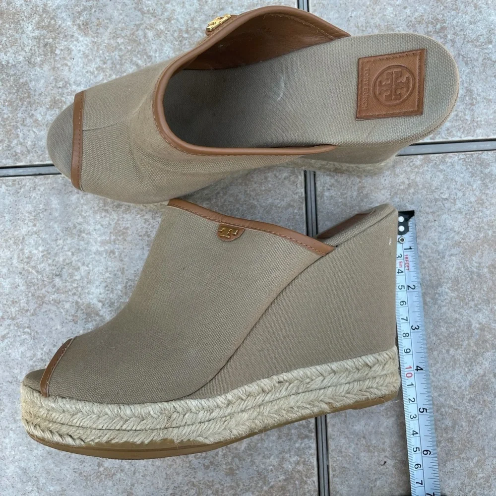 Tory Burch Beige Canvas Wedge Espadrille Mules